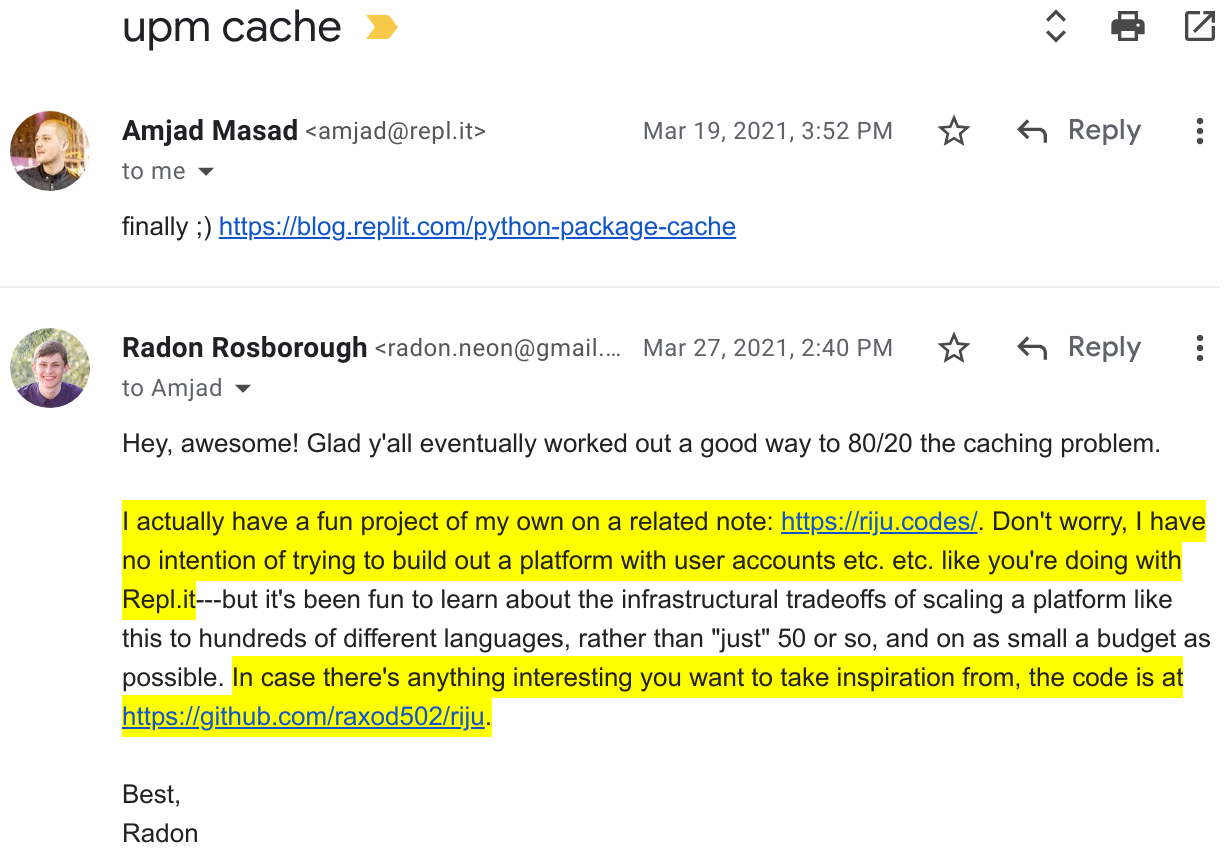 Screenshot of an
email from Replit sharing a post from their blog, and my response
sharing my open-source project with them