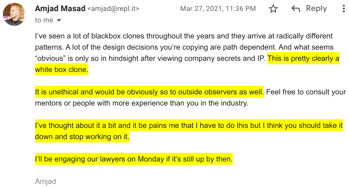 Screenshot of an
email from Replit threatening me with a lawsuit