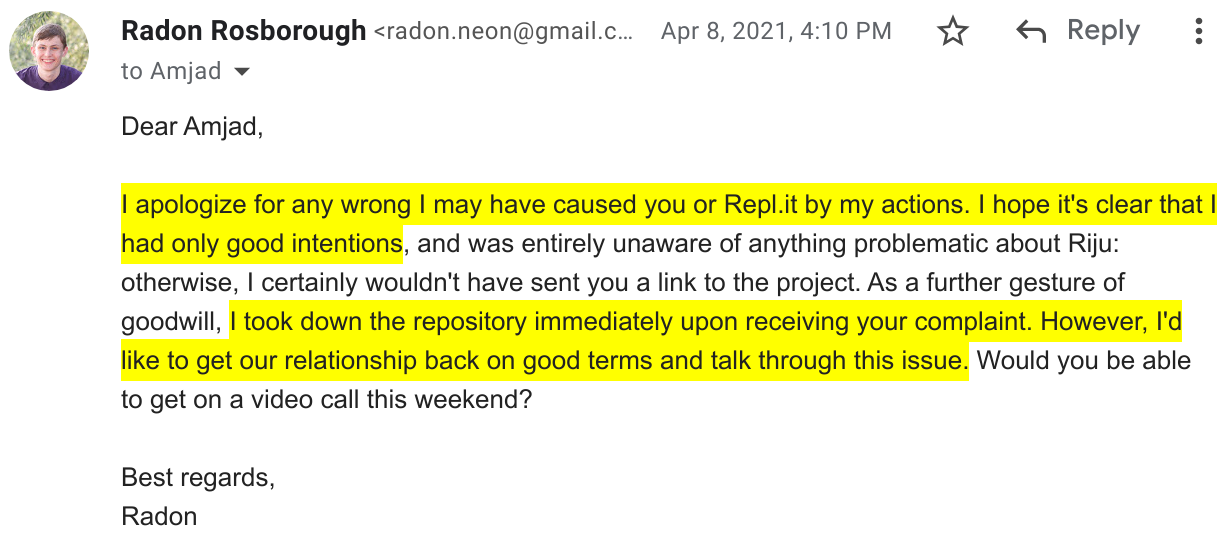 Screenshot of an
email in which I apologize to Replit and ask to have a call
