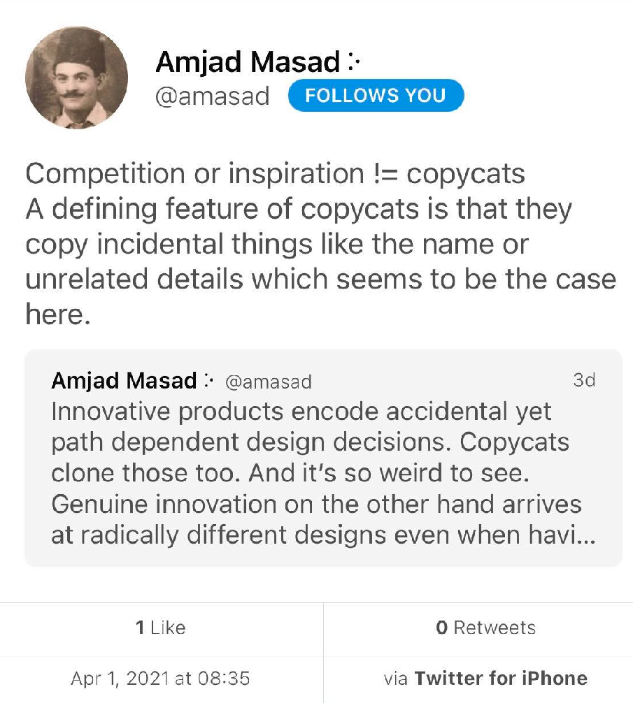 Screenshot of
Amjad's deleted tweet denigrating 'copycats'