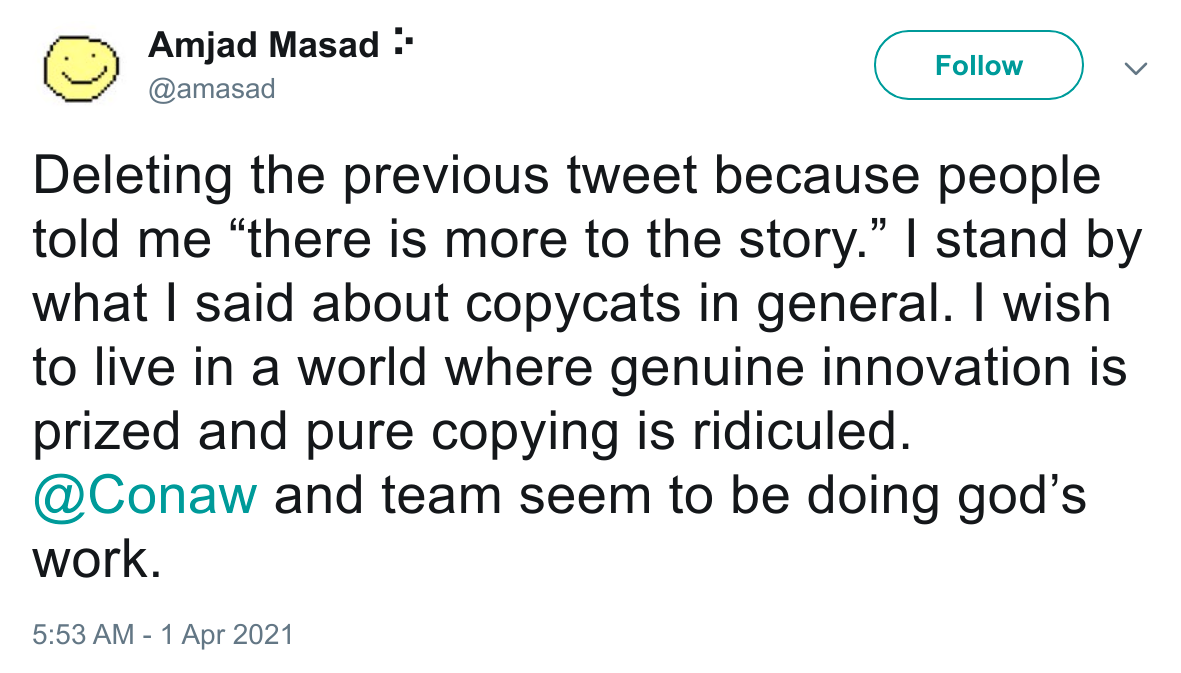 Screenshot of
Amjad's tweet explaining that they deleted their previous,
controversial tweets