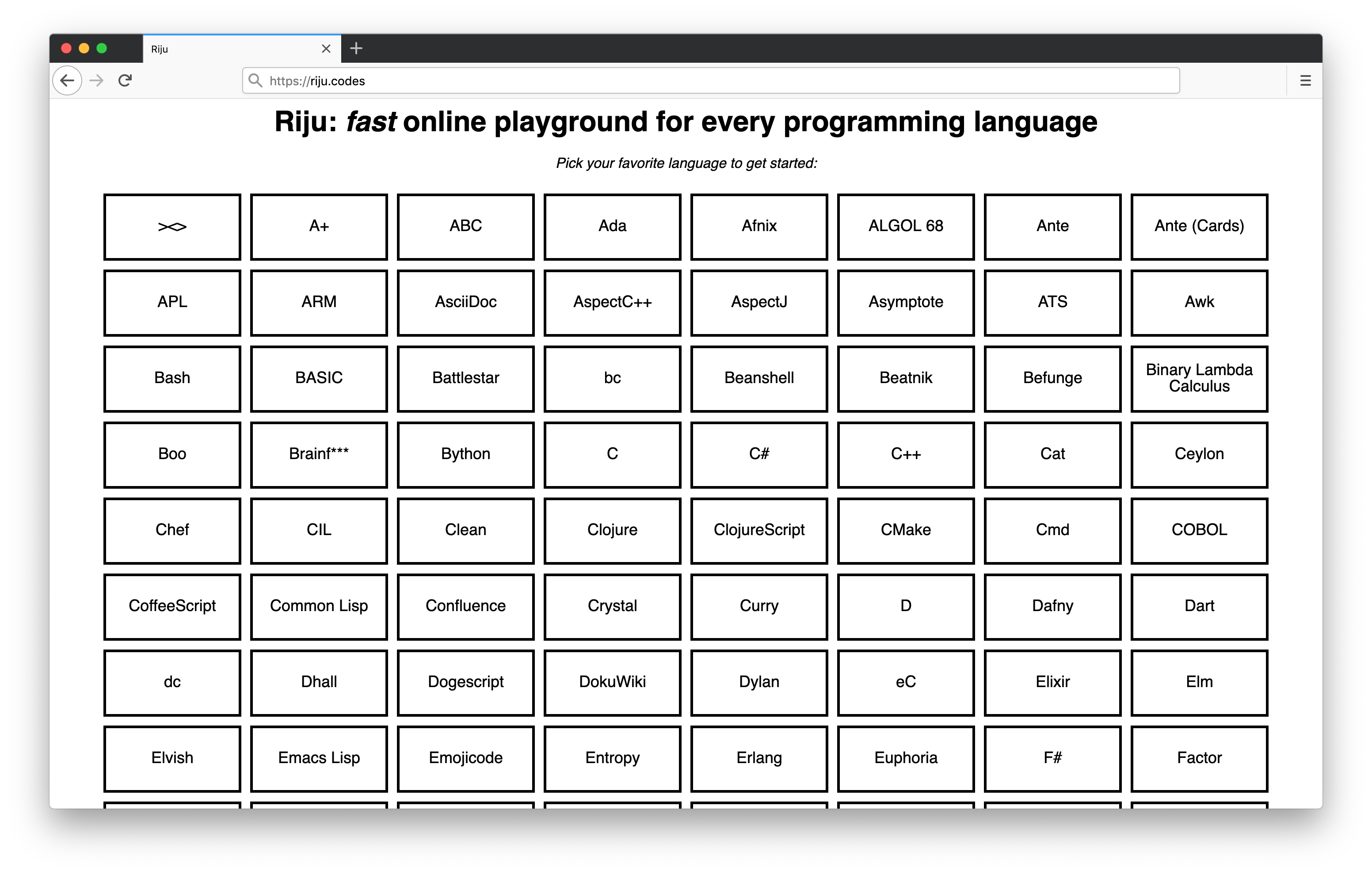 Screenshot of
language select page in Riju